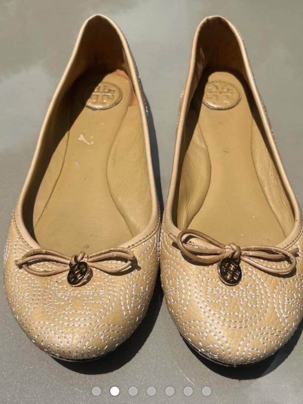 Tory Burch Tan Quilted Leather Ballet Flats with Logo Charm